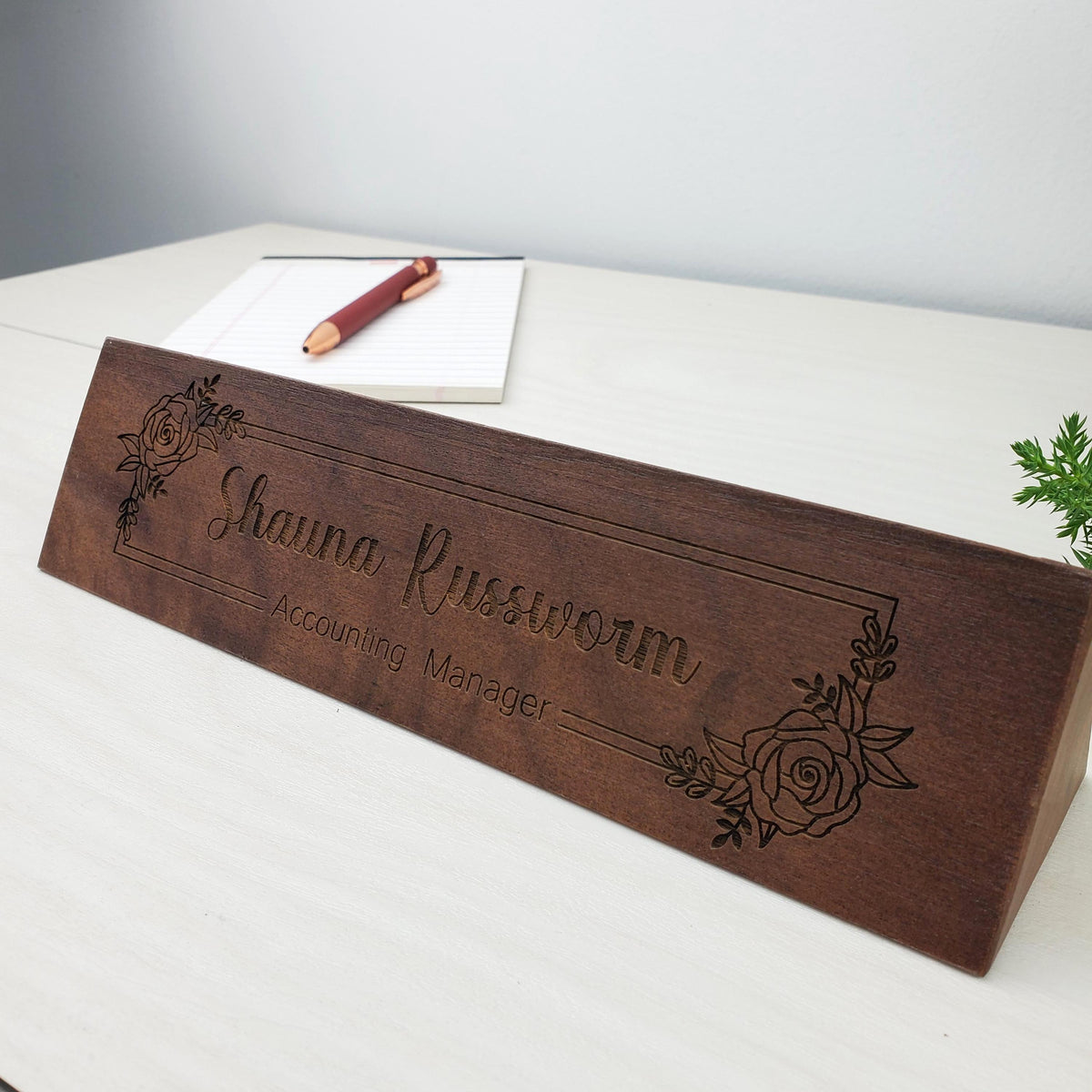 Floral Boarder - Personalized Wood Desk Block - 003