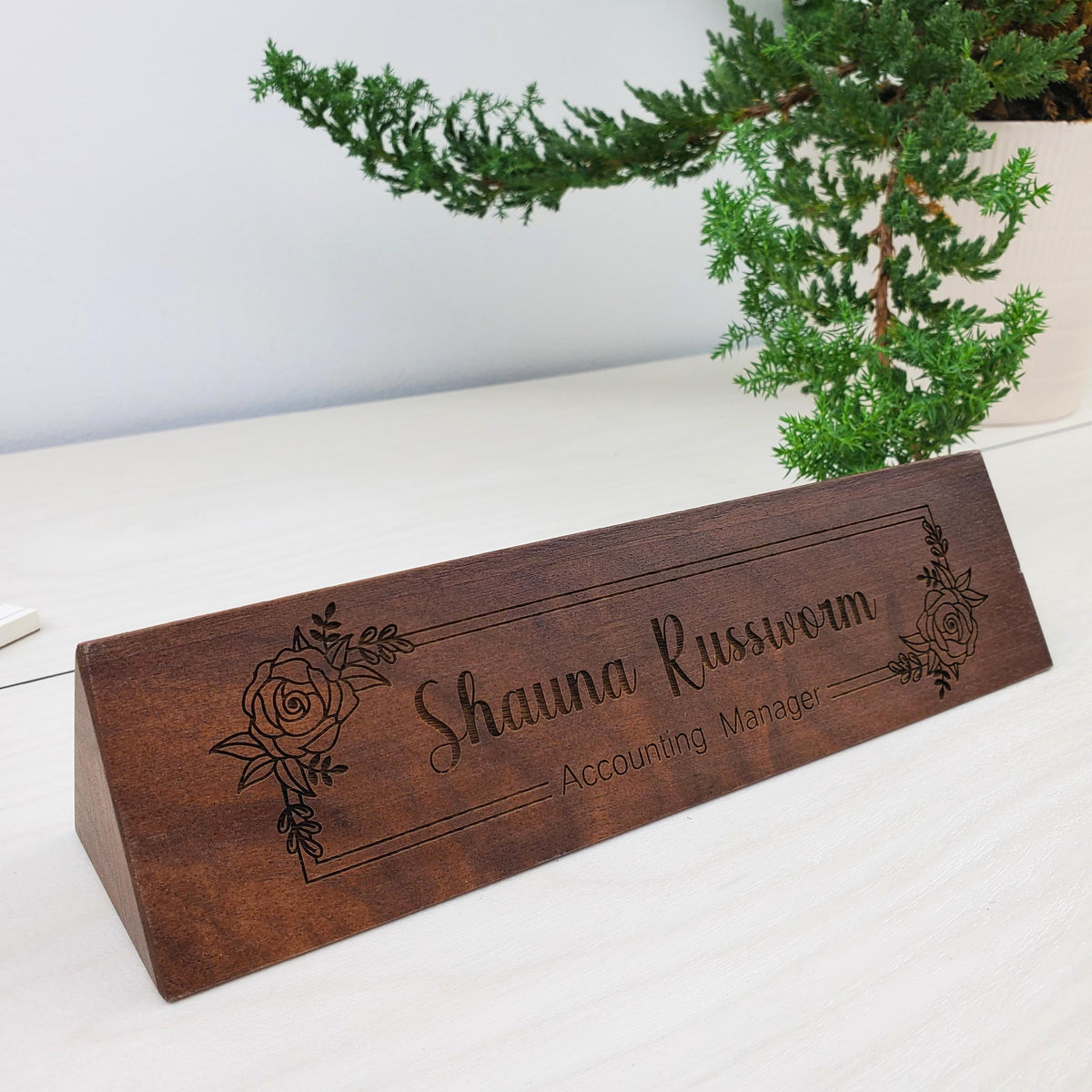 Floral Boarder - Personalized Wood Desk Block - 003