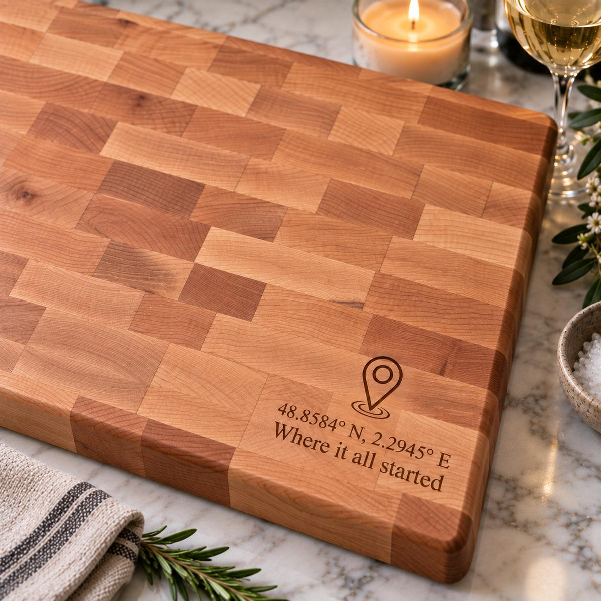 Personalized Coordinates End Grain Butcher Block