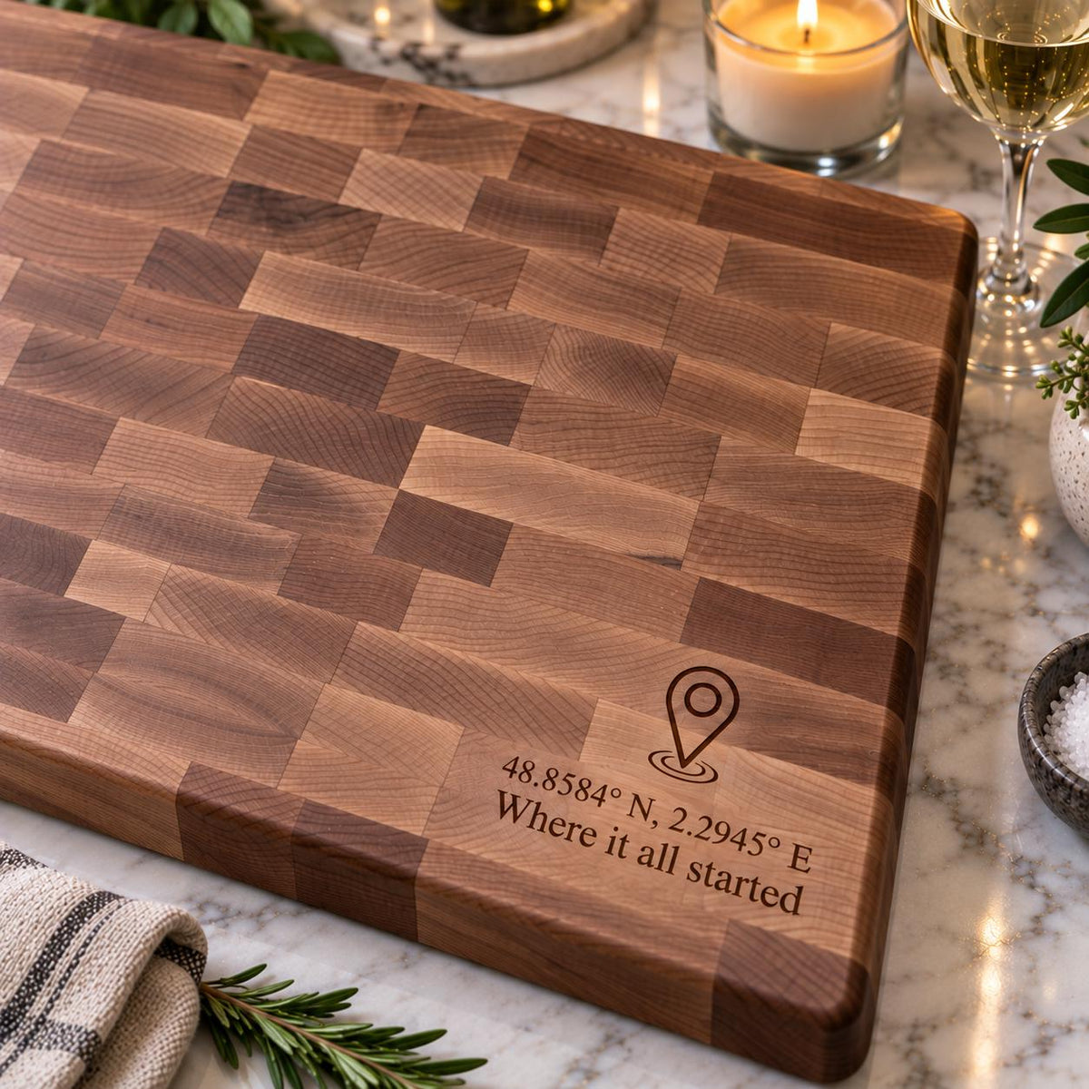 Personalized Coordinates End Grain Butcher Block