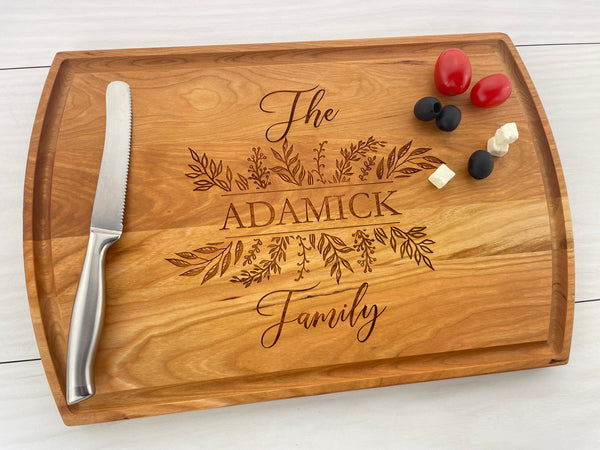 Decorative Leaves Family Name - Personalized Cutting Board - 138
