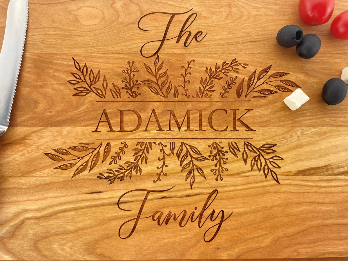 Decorative Leaves Family Name - Personalized Cutting Board - 138