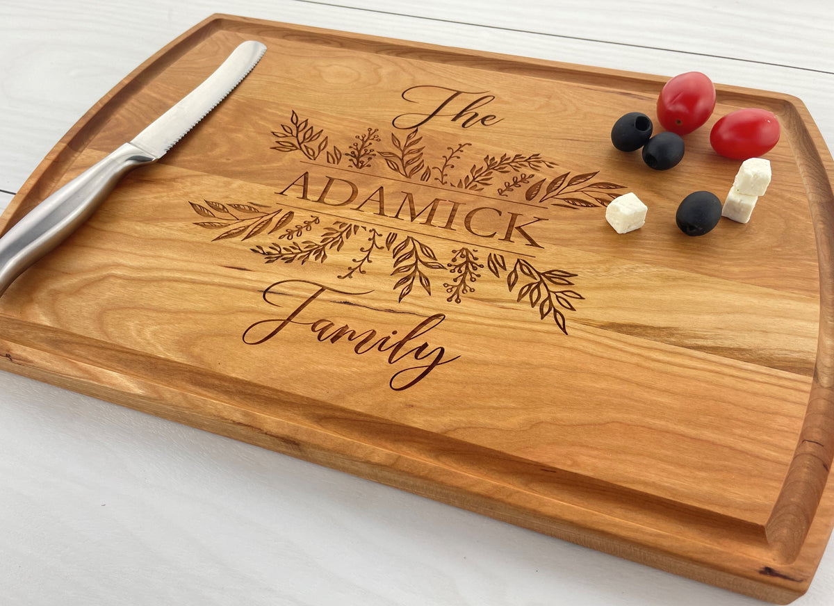 Decorative Leaves Family Name - Personalized Cutting Board - 138