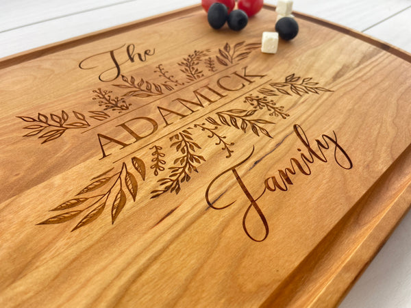 Decorative Leaves Family Name - Personalized Cutting Board - 138